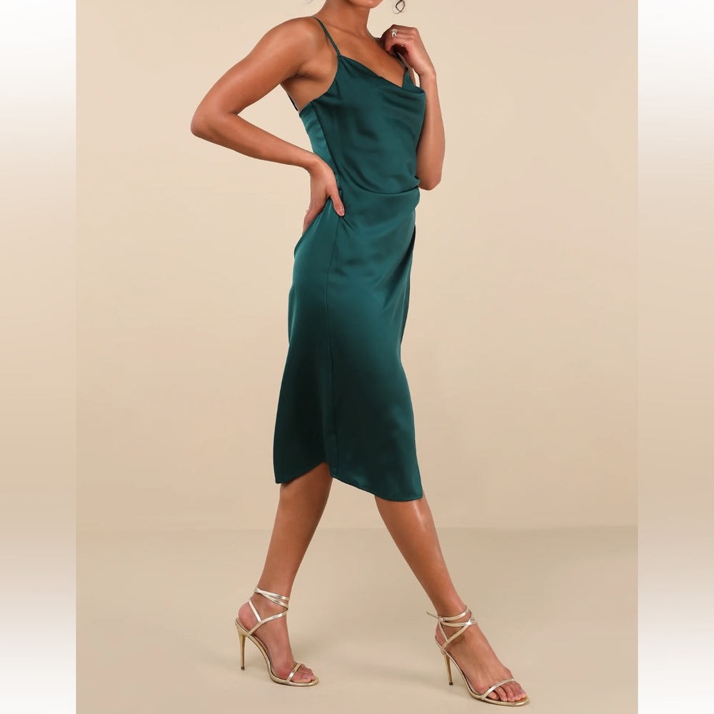 Hollywood Woman Forest Green Satin Midi Dress